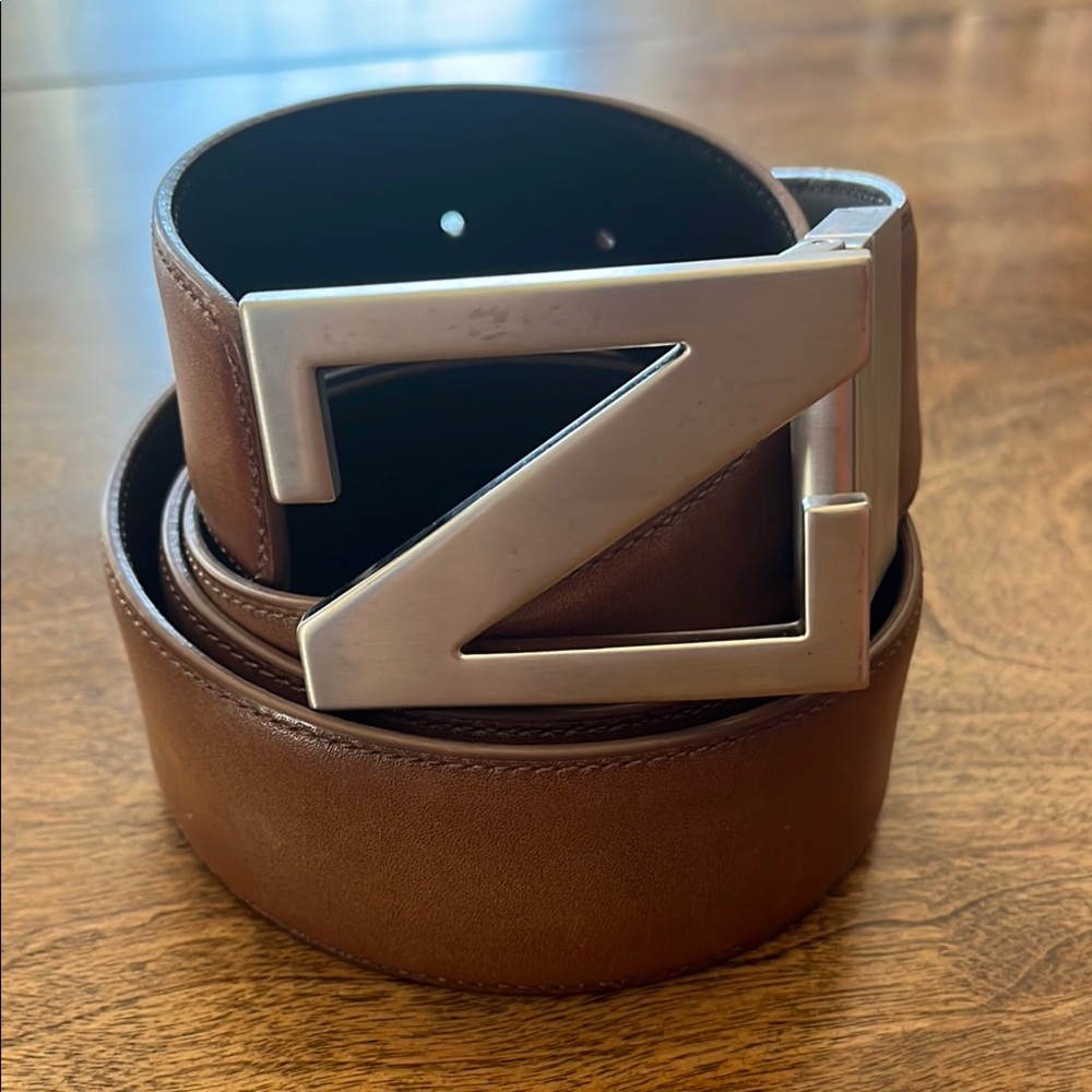 ZEGNA logo belt Brown Leather Belt with Silver Buckle